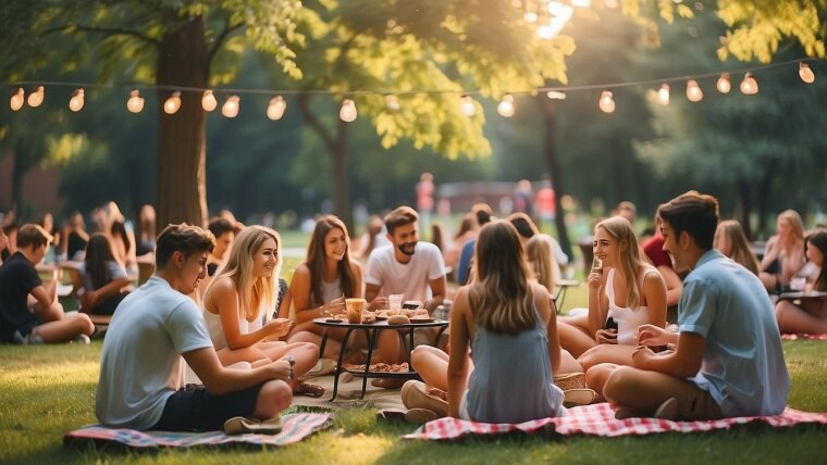 Eine Gruppe Studenten picknicken im Park